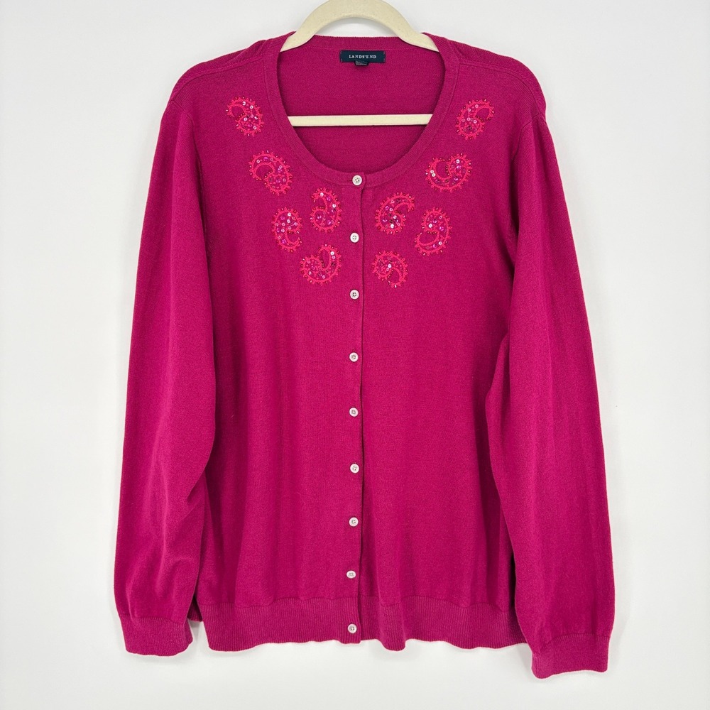 Lands End Women 3X Cardigan Magenta Paisley Sequin Cotton Cashmere Sweater